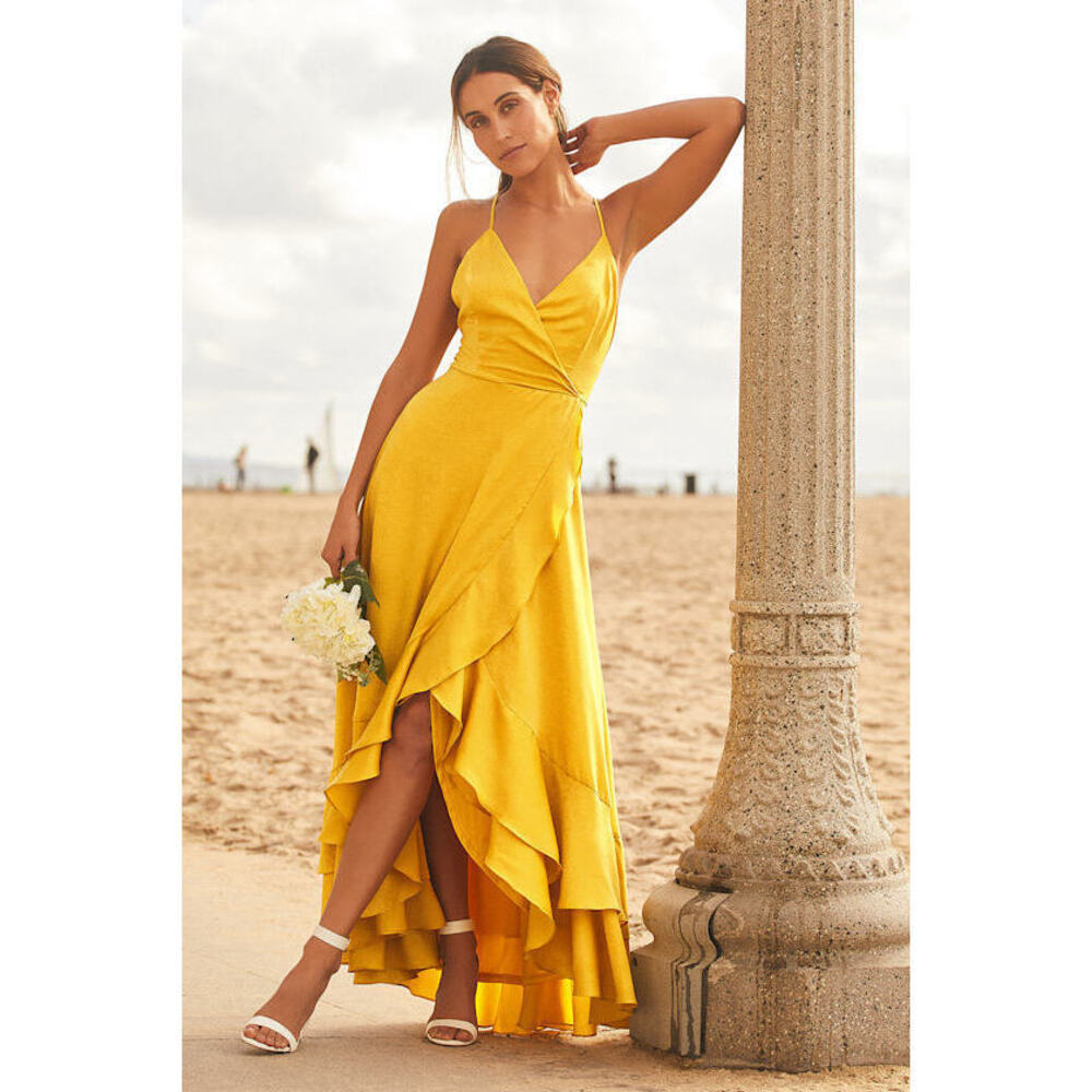 Lulus In Love Forever Mustard Yellow Satin Lace-up High-low Maxi Dress - Size XL